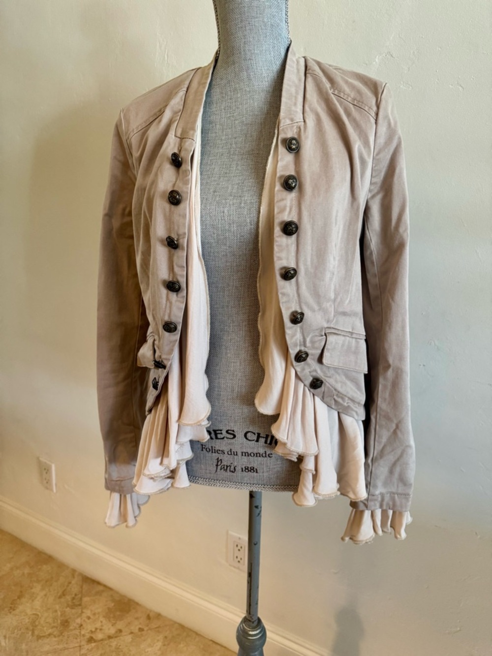 Free People Taupe Ruffled Military-Style Blazer